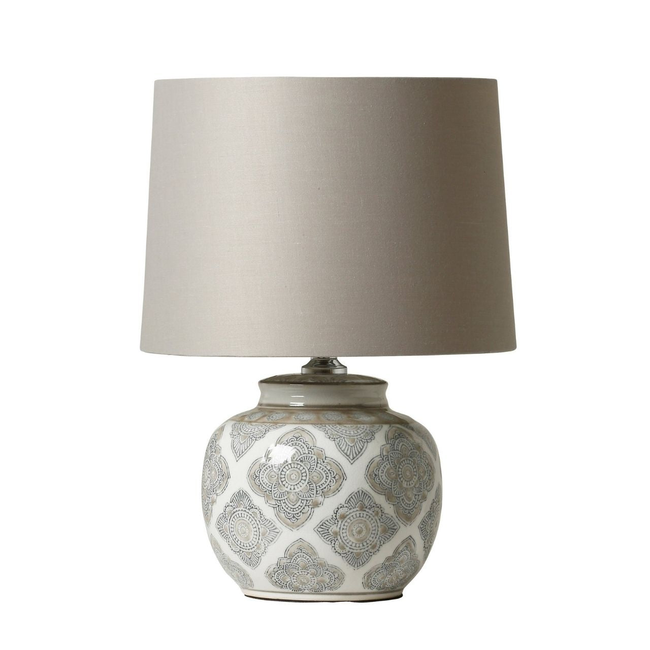 Mindy Brownes Interiors Ruby Lamp Mindy Brownes ceramic lamp - Boho pattern in blue and grey. Taupe shade. Ideal as a bedside or for living space!