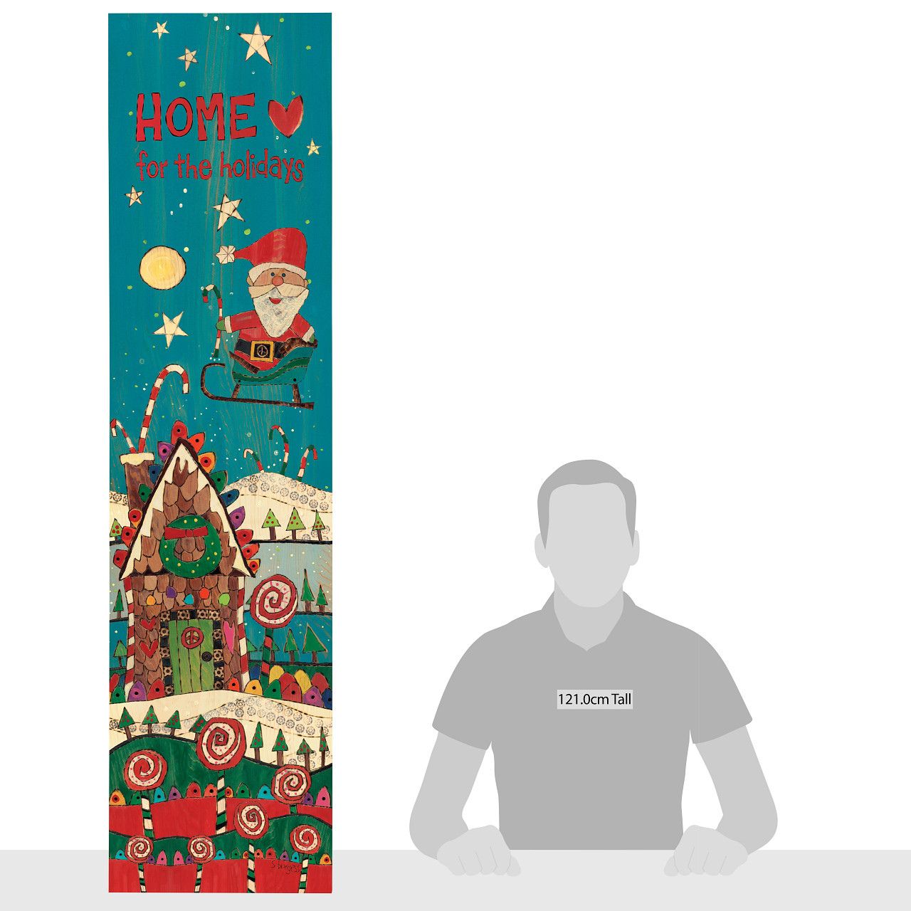 Stephanie Burgess Santa in Sleigh Porch Sign Designed by Stephanie Burgess, each colourful piece in the collection has been designed to create feelings of peace and love in your home. This sign is made from wood and is suitable for outside use. The perfect gift for loved ones.