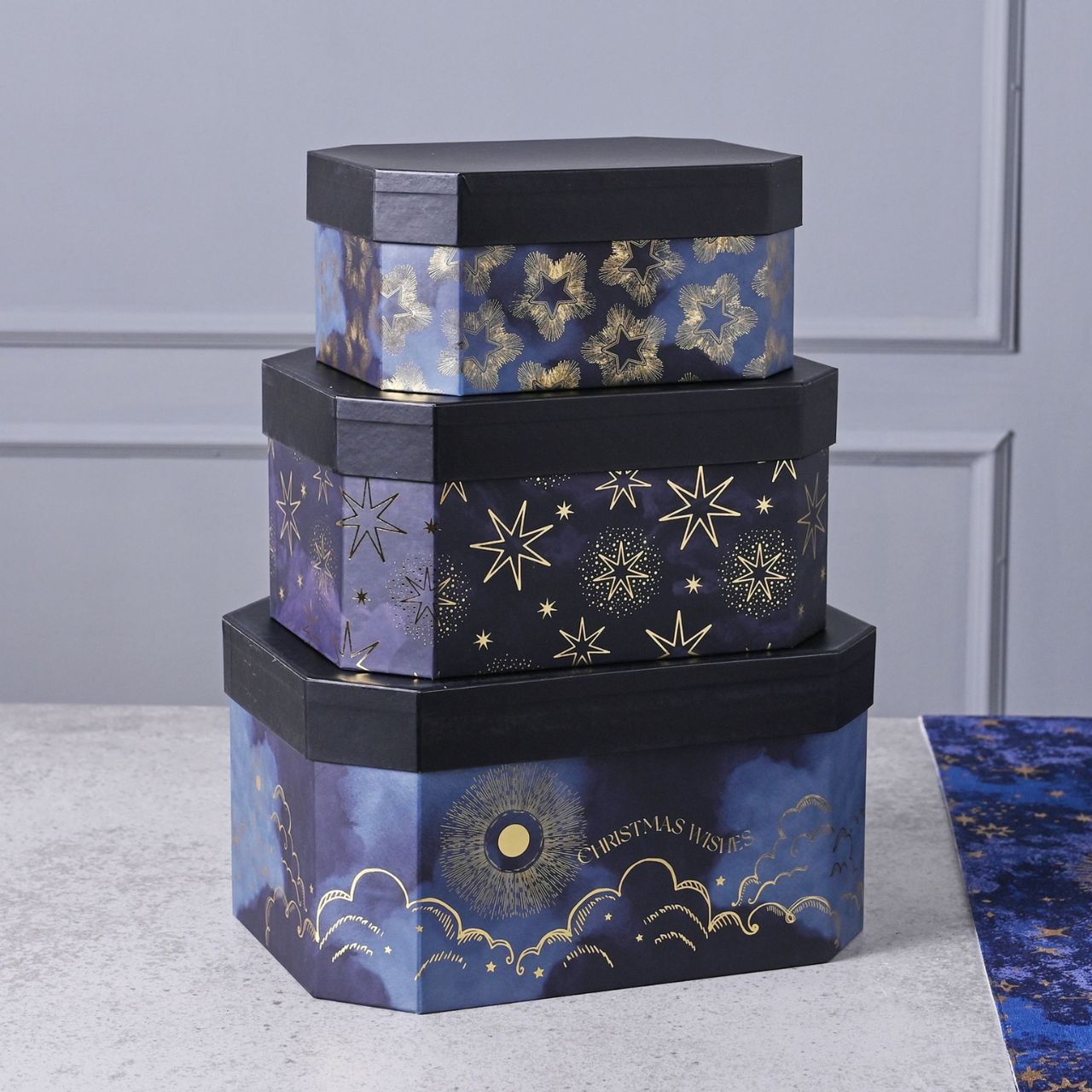 Set of 3 Christmas Celestial Stacking Boxes A set of 3 celestial stacking boxes. This collection of nested gift boxes gives your presents the presence they deserve.