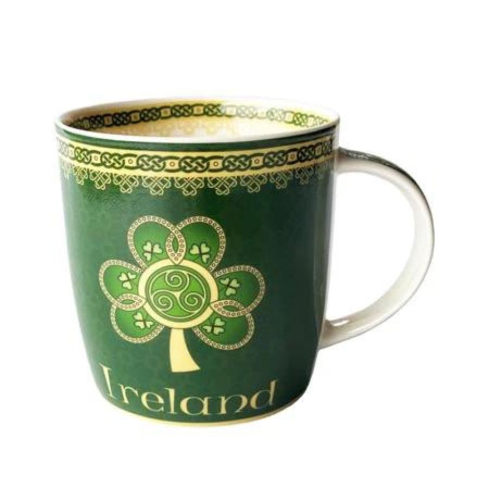 Shamrock Spiral Mug This new bone china mug with its highly ornate pattern features a golden shamrock with a triple spiral at its heart. It is bordered by never ending knot work symbolising eternity.
