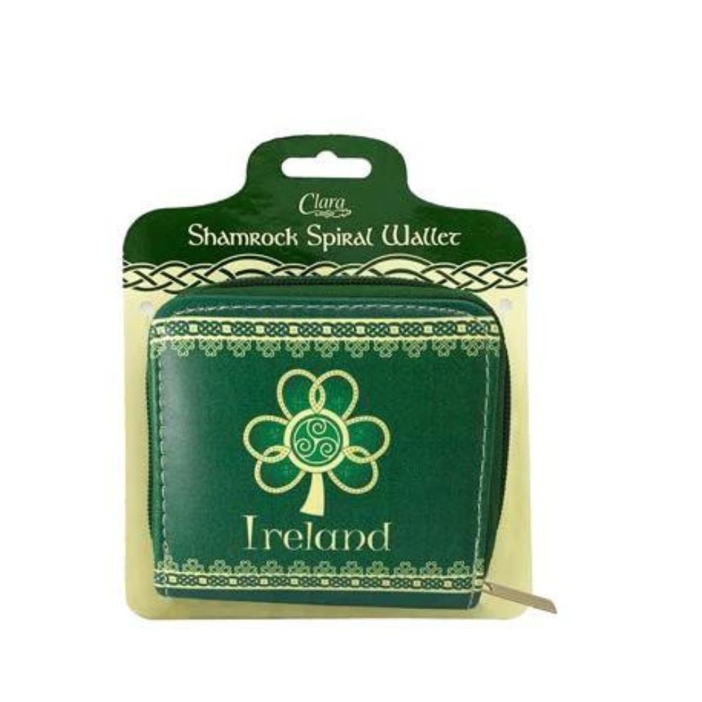 Shamrock Spiral Wallet by Royal Tara This highly ornate pattern features a golden shamrock with a triple spiral at its heart. It is bordered by never ending knot work symbolising eternity.
