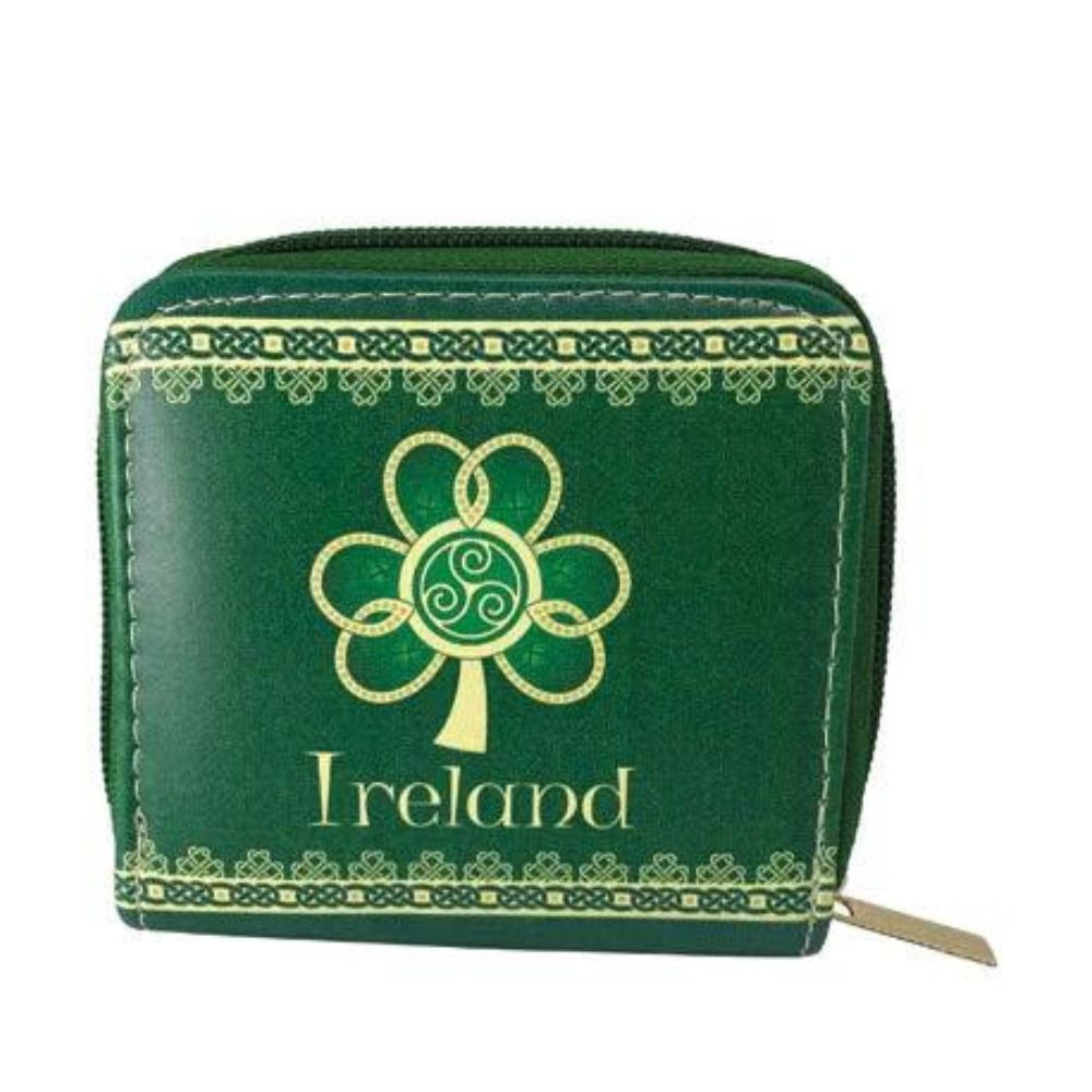 Shamrock Spiral Wallet by Royal Tara This highly ornate pattern features a golden shamrock with a triple spiral at its heart. It is bordered by never ending knot work symbolising eternity.
