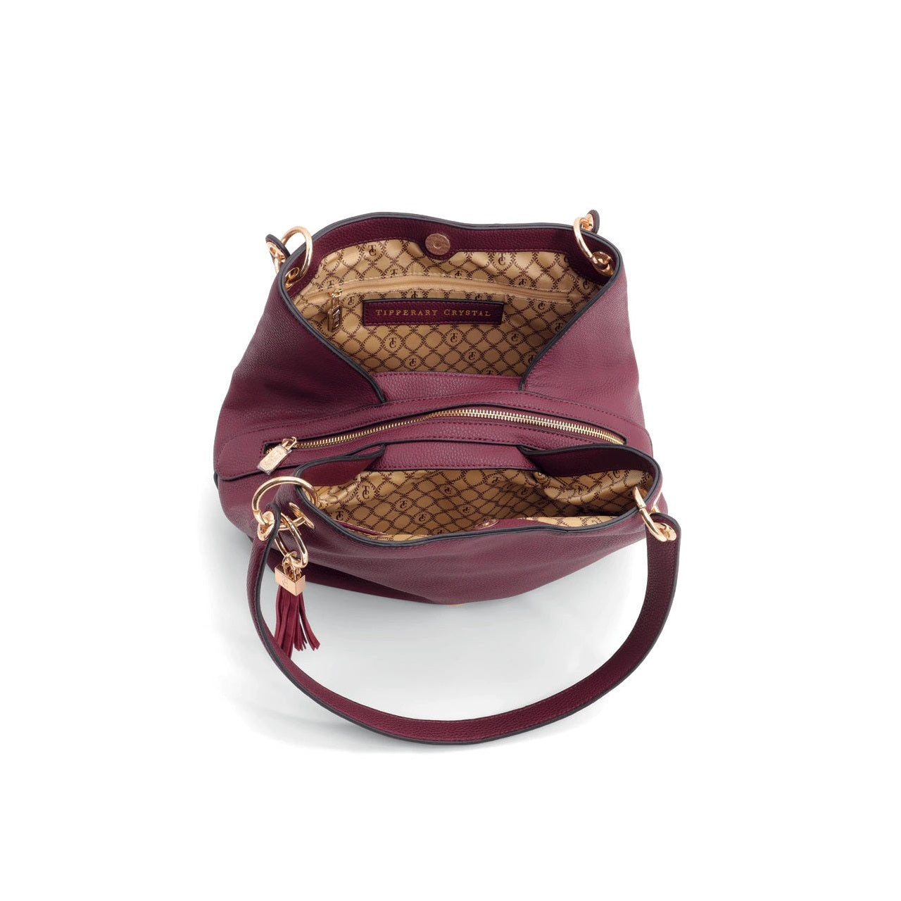Tipperary Crystal Sicily Burgundy Tote Bag Tote Bag - Sicily Burgundy (Yellow gold hardware) Our effortless Sicily Shoulder Bag is so comfortable you’ll want to carry it everywhere. This bag is crafted using soft pebbled leather look PU, the contrast of this with the metal hardware makes for a very attractive and practical bag.