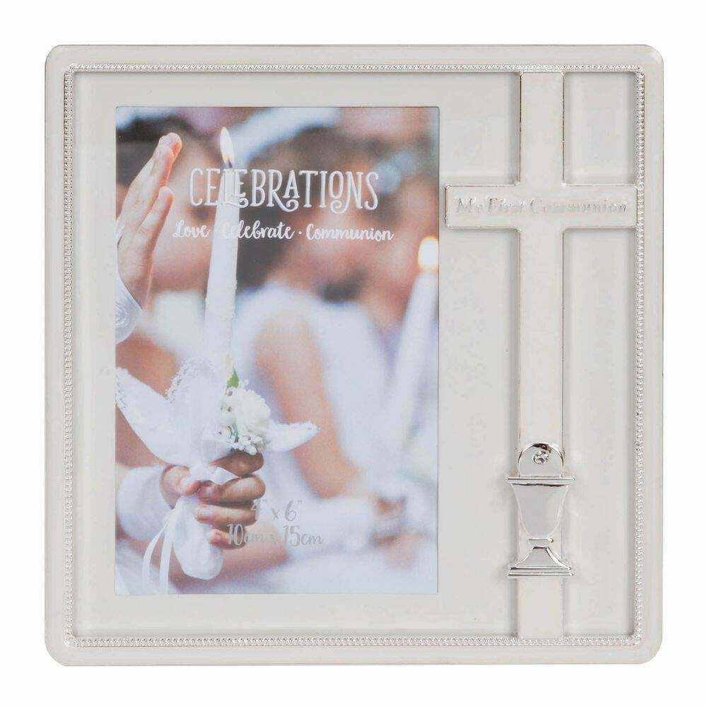 Silver Plated & Epoxy Cross Frame Communion 4" x 6" Keep a beautiful record of their first communion with this silver plated photo frame. From CELEBRATIONS® Communion and Confirmation - gifts & keepsakes to celebrate the dedication of lives to Christianity.