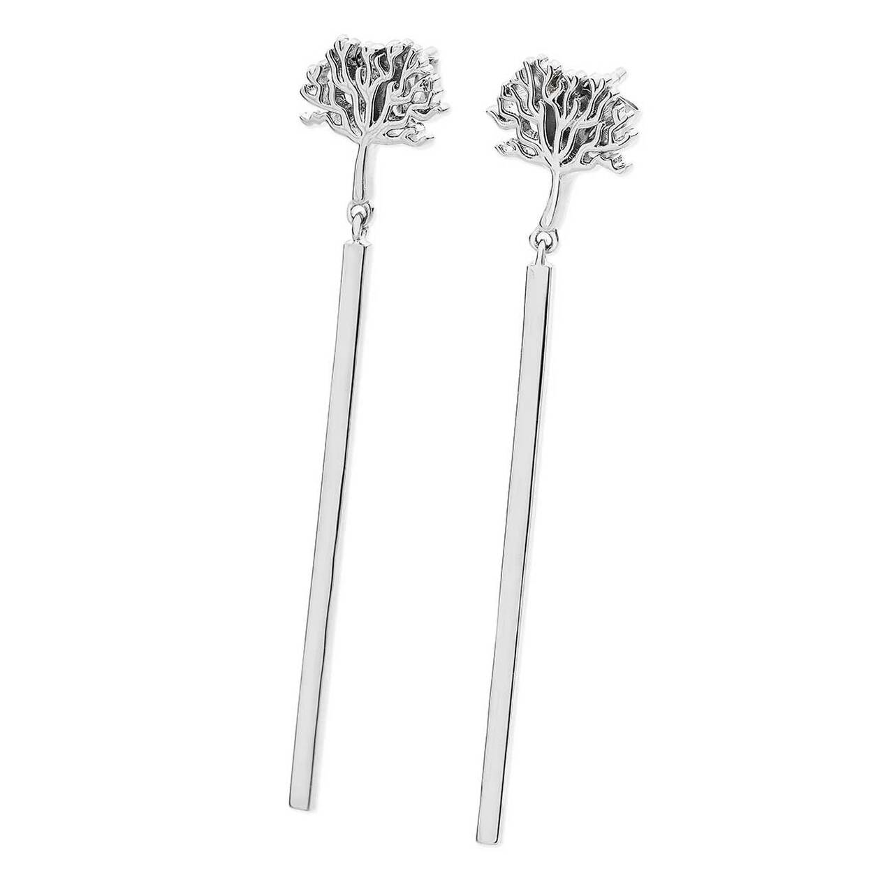 Tipperary Crystal Silver Tree Earrings With Drop Bar Organic and sleek, these beautiful earrings are crafted in polished silver and consist of a tree of life from which a sleek polished silver bar suspends elegantly. These earrings secure comfortably with push backs.