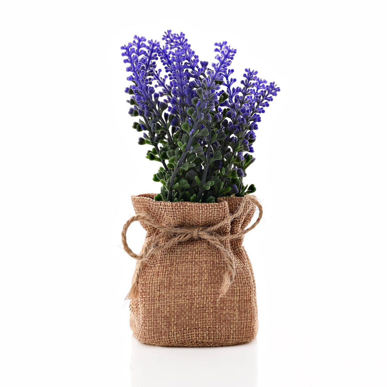 Small Lavender Faux Plant In Hessian Bag 15.5 cm This small lavender plant would make a stylish and rustic gift for any trendsetters in your life this spring. The adorable hessian sack is unique feature that would look beautiful against any interior, a gorgeously simple gift or homeware option this Spring.