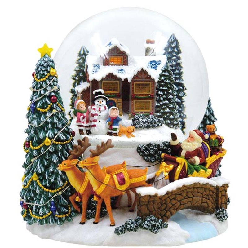 Music Box World Snow Globe Build a Snowman Large Snow globe is a beautiful Christmas decoration that is treasured by people of all ages that captures the the magical moments of Christmas. Snow globe plays “Joy to the world” while the snow swirls automatically and illumination lights up. Battery operated. Batteries not included.