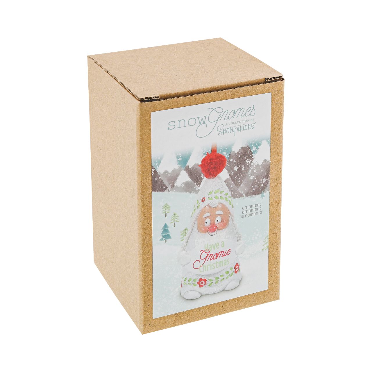 Department 56 Snowpinions Snow Gnome Have a Gnomie Christmas Hanging Ornament Upon a festive red ribbon, this Snow Gnome is perfect for any Christmas tree. Hand crafted from high quality cast stone, hand painted by our talented artists and topped with a real pom pom. Spread the holiday cheer - Have a Gnomie Christmas.