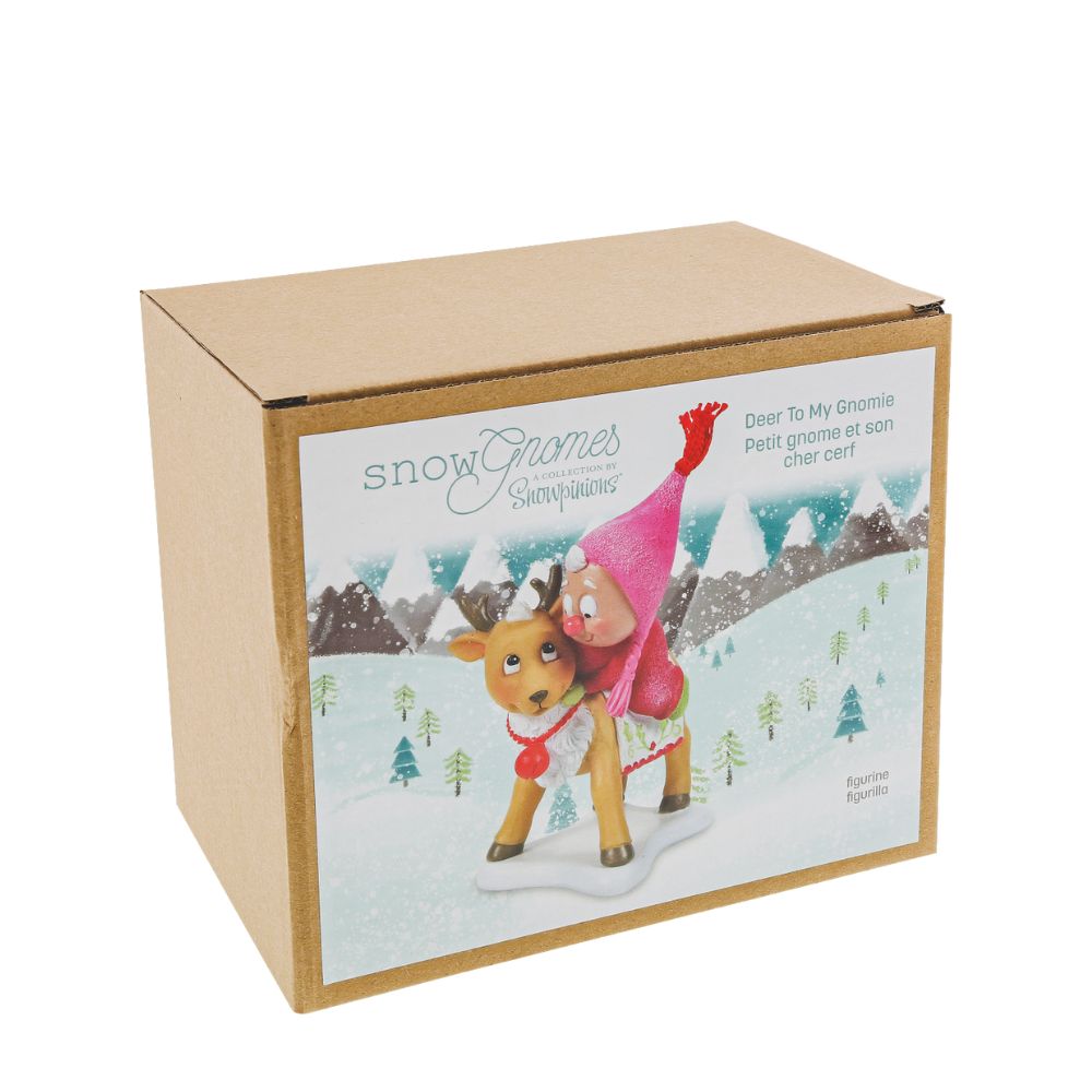 Department 56 Snowpinions Christmas Snow Gnome on Deer This cute Snow Gnome is hanging out with his Reindeer friend. Hand crafted from high quality cast stone, they have been hand painted by our in-house artists to ensure a high level of detail. This Snow Gnome even has a real tassel atop his pink hat. This is the perfect festive gift or accessory.