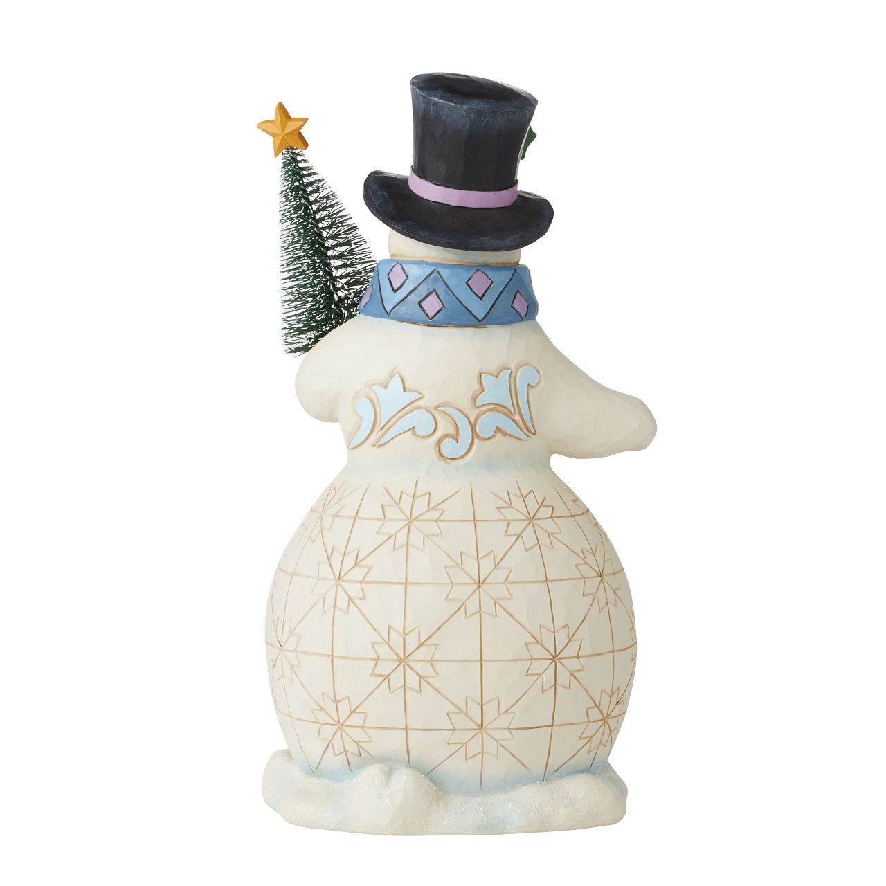 Snowman with Tree Figurine Heartwood Creek Collection Traditional Heartwood Creek Collection; Wood carved textures and intricately detailed designs. Unique, sometimes surprising combinations of colours - often incorporating a touch of Jim's favourite colour - purple. Here this snowman cosy in his Blue and Purple Scarf looks delighted for the forthcoming festivities.