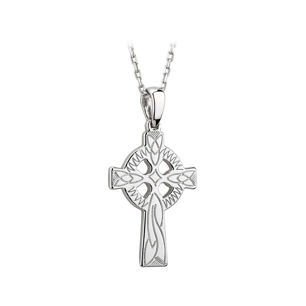Silver Engraved Celtic Cross Pendant One legend tells how St Patrick saw a pagan standing stone imprinted with a circle, the symbol of the moon goddess. He is said to have blessed the stone, marking it with a Latin cross - thus creating the first Celtic Cross. This sterling silver Celtic cross has been hand engraved and pays tribute to our precious heritage of Ireland. Irish hallmarked in the Assay office at Dublin Castle.