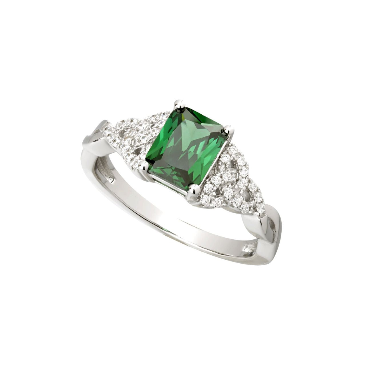 Solvar Ladies Sterling Silver Trinity Knot Ring Green CZ This stunning sterling silver ring features a green crystal stone at the centre to represent the Emerald Isle. The Trinity knots are also evocative of Ireland, representing endless love and eternal life. This beautiful sterling silver Trinity Knot ring has been Irish hallmarked in Dublin Castle.