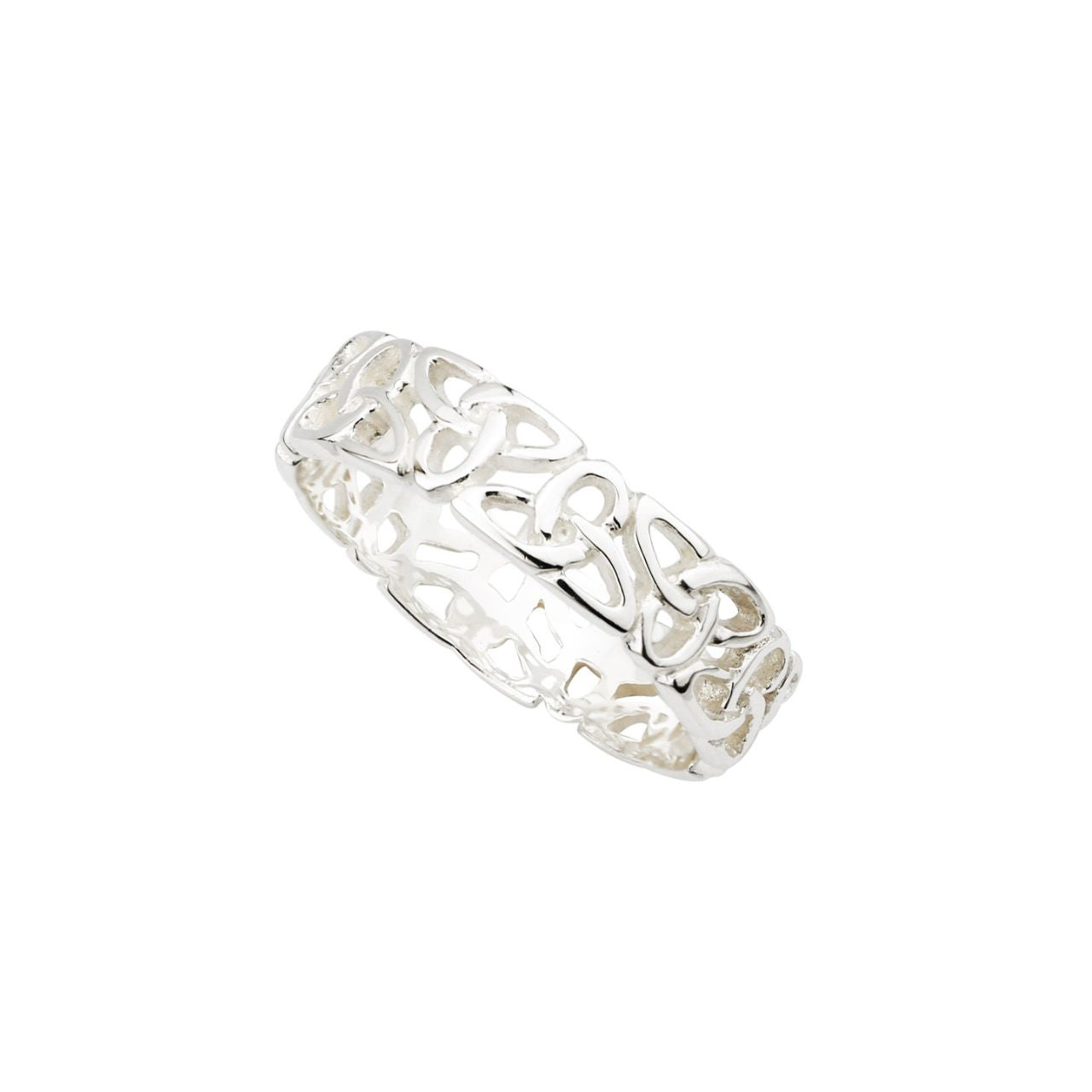 Ladies Sterling Silver Trinity Knot Band Ring This delicate sterling silver woven ring is instantly recognisable as Irish, with its richly decorated Trinity knot work symbolising endless love and eternal life. This sterling silver Trinity Knot ring has been Irish hallmarked in Dublin Castle.