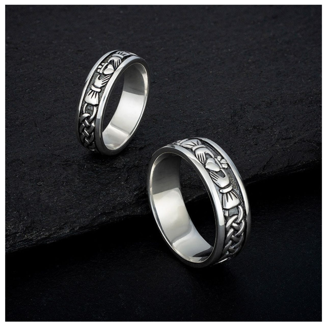 Solvar Oxidised Silver Claddagh Band This striking sterling silver ring for gentlemen is made from oxidised silver giving it a contemporary “blackened” look. It features the Claddagh at the centre of the band, an emblem of love and eternal devotion with its symbols representing love (heart), friendship (hands) and loyalty (crown). This oxidised Claddagh ring has been Irish hallmarked in Dublin Castle.