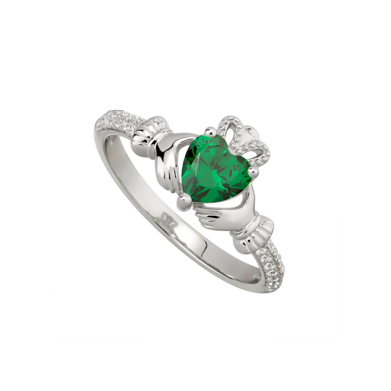 Sterling Silver Emerald Green Claddagh Ring What better gift than a silver Claddagh ring set with the recipient’s own birthstone? May’s birthstone, emerald, is iconic across Ireland and is said to invite good health, love and prosperity.