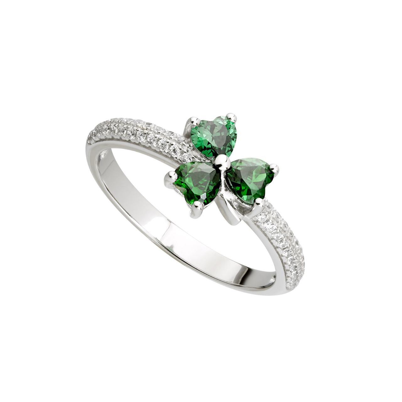 Sterling Silver Green CZ Shamrock Ring Our designers have created this unique sterling silver ring with a green crystal shamrock at the centre. It’s said that the shamrock was plucked from the land by St Patrick to explain his belief in the Trinity.