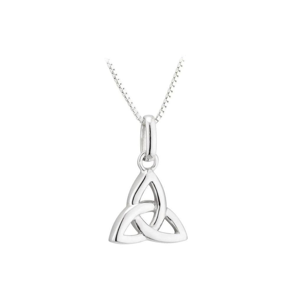 Solvar Acara Sterling Silver Trinity Knot Pendant - Small A classic Trinity Knot pendant made of sterling silver, featuring the iconic Trinity Knot Celtic symbol. Legend has it that monks used to work tirelessly to illustrate the gospels, and the result is this beautiful Trinity knot. The pendant has no beginning and no end, signifying eternal life and endless love. It has been Irish hallmarked in Dublin Castle.