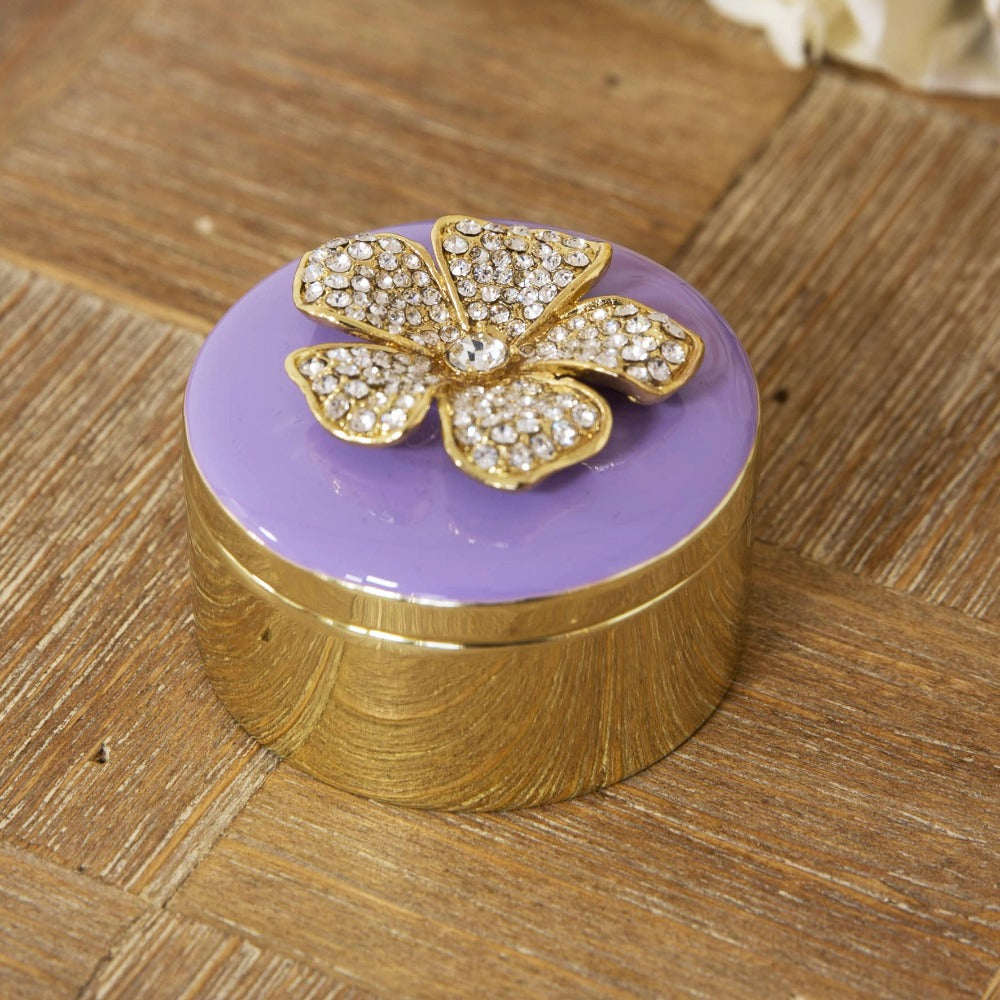 Sophia Trinket Box Lilac Lid With Crystal Flower Bring some elegance and sparkle to a dressing table or vanity with this gold metal trinket box with crystal flower lid. From the SOPHIA® Classic Collection - the home of sophistication in women's giftware.