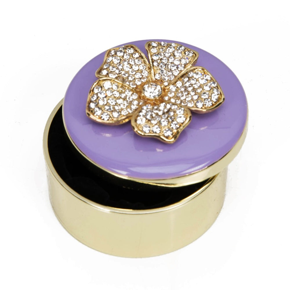 Sophia Trinket Box Lilac Lid With Crystal Flower Bring some elegance and sparkle to a dressing table or vanity with this gold metal trinket box with crystal flower lid. From the SOPHIA® Classic Collection - the home of sophistication in women's giftware.