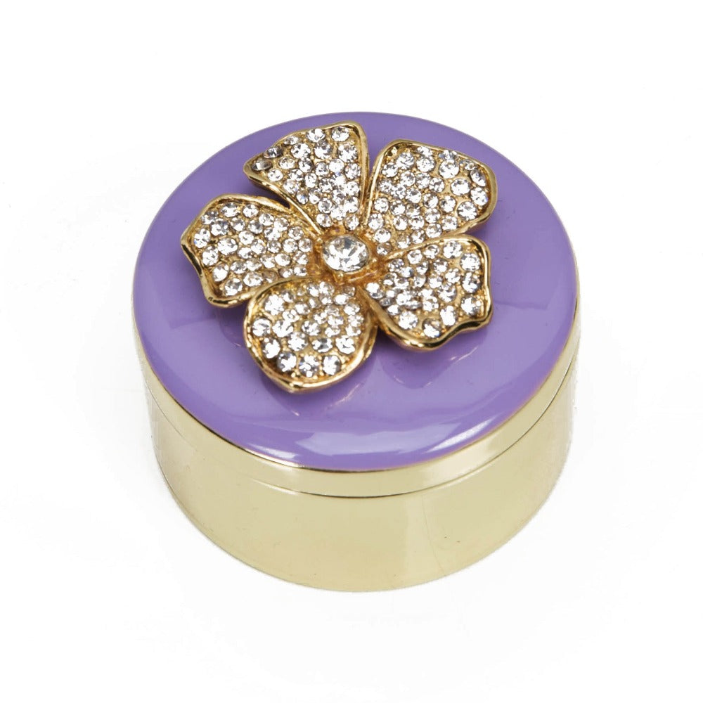 Sophia Trinket Box Lilac Lid With Crystal Flower Bring some elegance and sparkle to a dressing table or vanity with this gold metal trinket box with crystal flower lid. From the SOPHIA® Classic Collection - the home of sophistication in women's giftware.