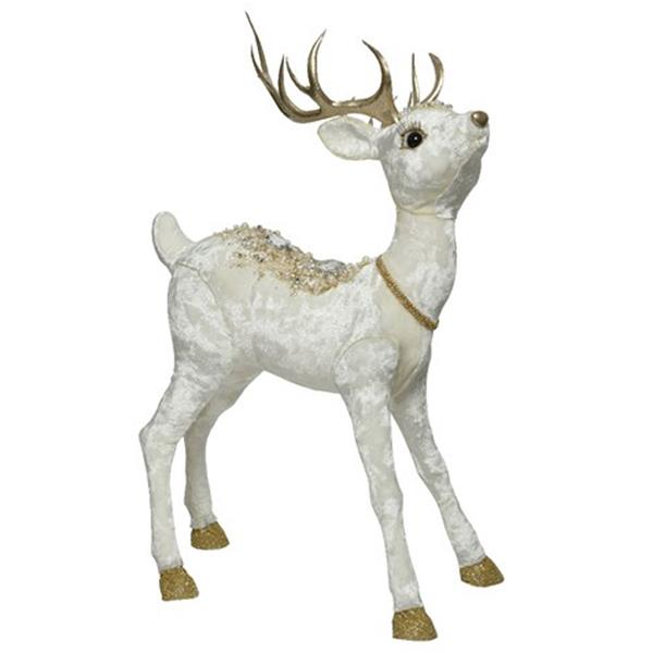 Standing Velvet Deer Glitter & Pearls Transform your home with this white and gold velvet deer with pearls and diamond decoration. A stunning addition to your Christmas Scene.