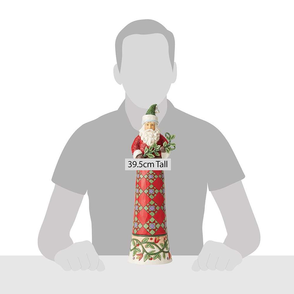 Jim Shore Tall Santa Making Spirits Splendid Figurine This elegantly proportioned Tall Santa with Branch features a robe decorated with Jim Shore's signature eight-pointed star quilt block patterns accented with a hem of intricate interlocking rosemaling design.