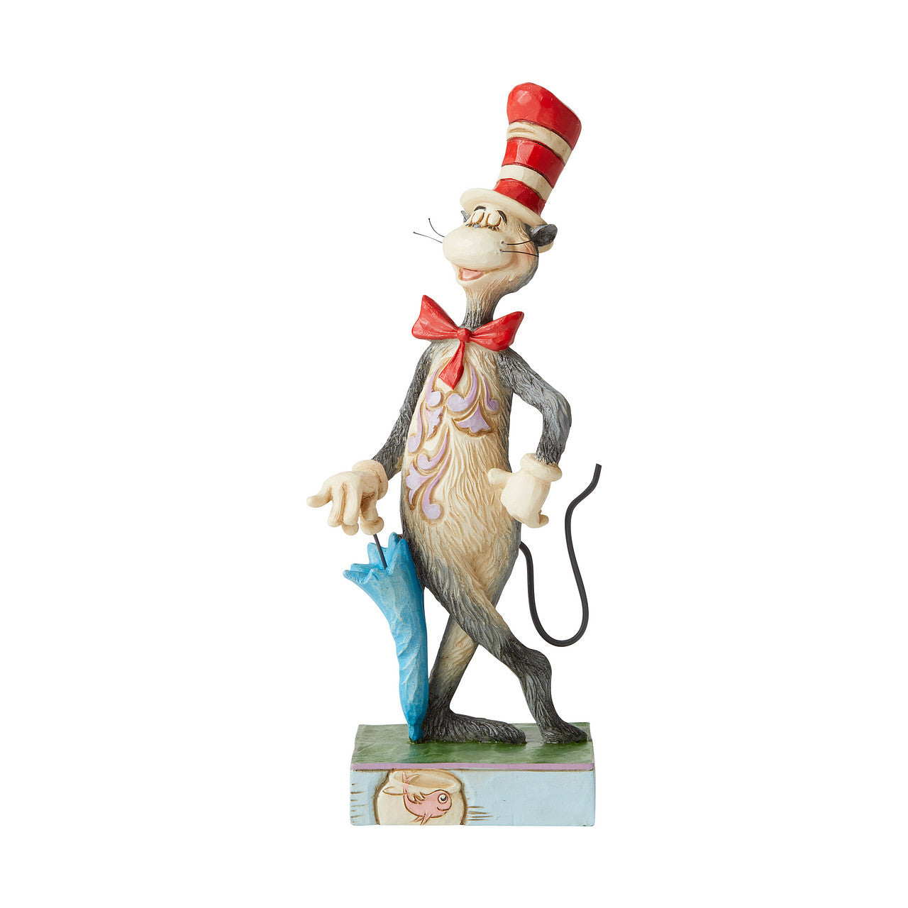 Jim Shore Dr. Seuss The Cat in the Hat with Umbrella Figurine  The infamous Cat in the Hat leans coolly against his umbrella in this classic Dr. Seuss figurine. With a towering red and white striped hat and winsome whiskers this cat is a winning and whimsical Jim Shore collectible.