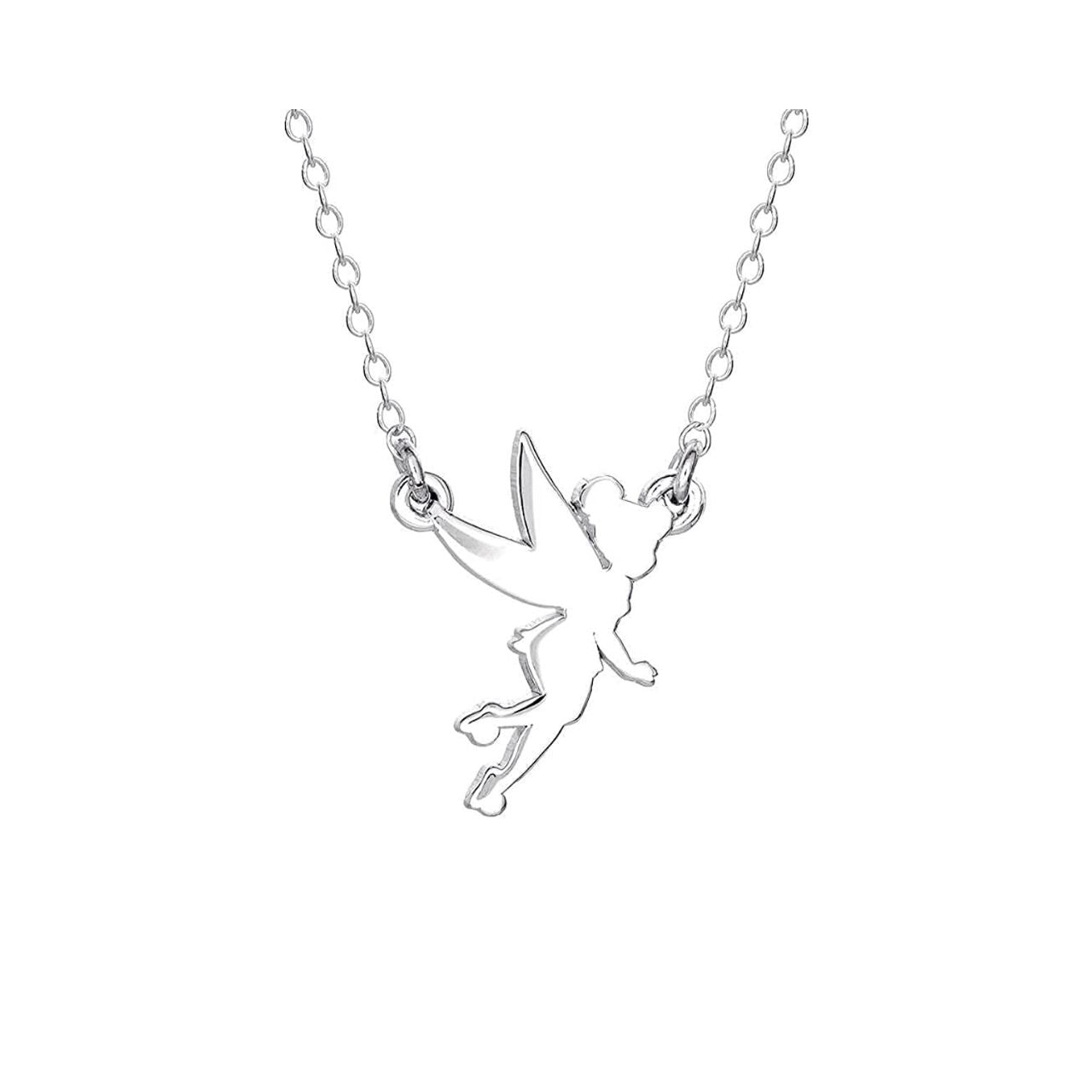 Disney Tinkerbell Silhouette Sterling Silver Necklace Princess Collection Disney Princess Collection, add that magical look with these amazing and instantly recognizable famous silhouette of Tinkerbell. Trendy and fashionable design, the Disney Princess collection, sterling silver necklace add a chic, fun touch to any outfit.