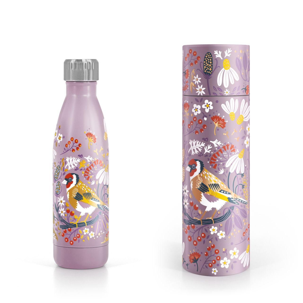 Tipperary Crystal Birdy Metal Water Bottle - Goldfinch  The Birdy Collection is a series of 6 exclusively commissioned illustrations inspired by native Irish birds; Bullfinch, Goldfinch, Blue tit, Greenfinch, Kingfisher and Robin.