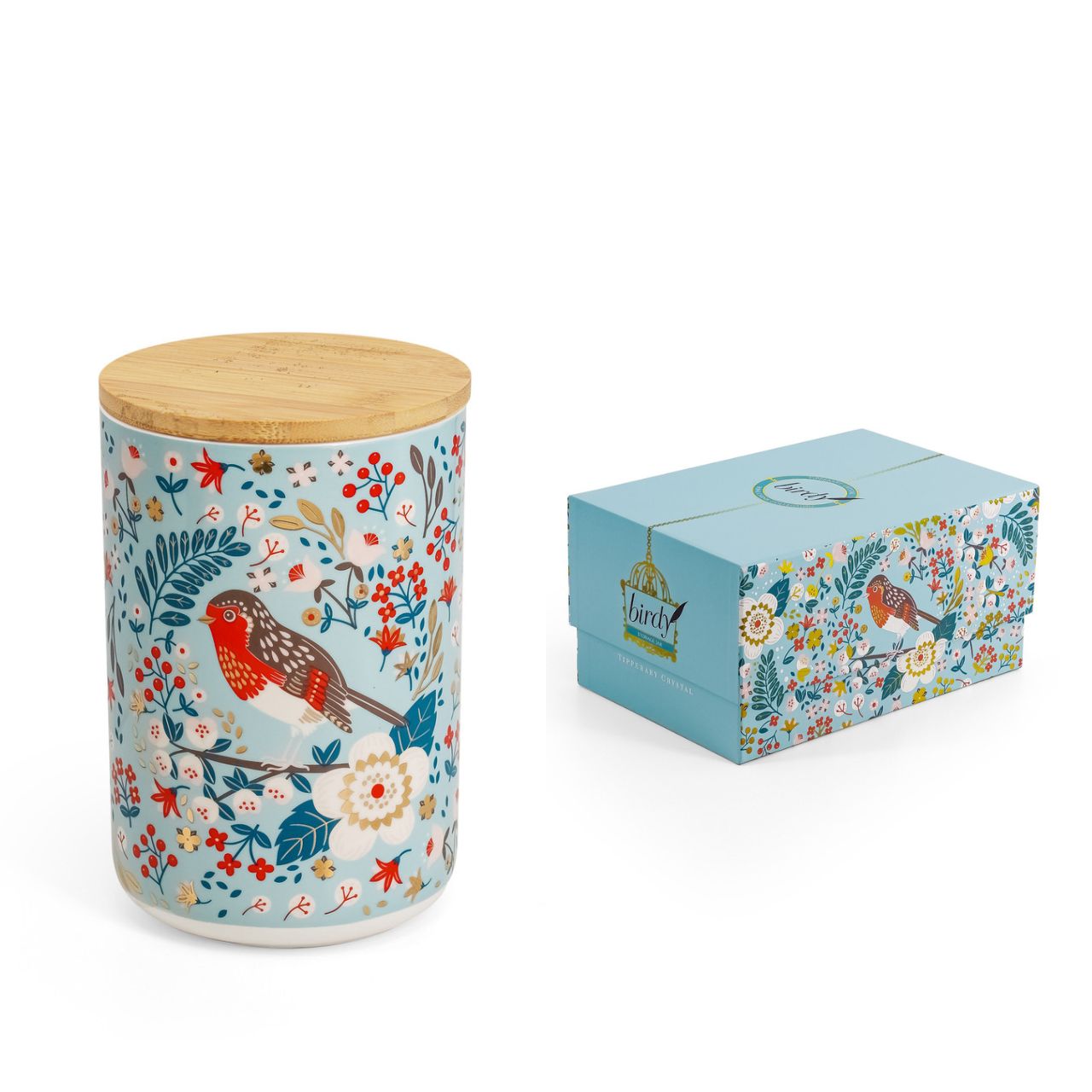 Tipperary Crystal Birdy Storage Jar - Robin - New 2022 New to our collection, this birdy storage jar come beautifully illustrated and presented in a rigid Tipperary Crystal gift box. Makes a wonderful gift to be enjoyed. The Birdy Collection is a series of 6 exclusively commissioned illustrations inspired by native Irish birds; Bullfinch, Goldfinch, Blue tit, Greenfinch, Kingfisher and Robin.