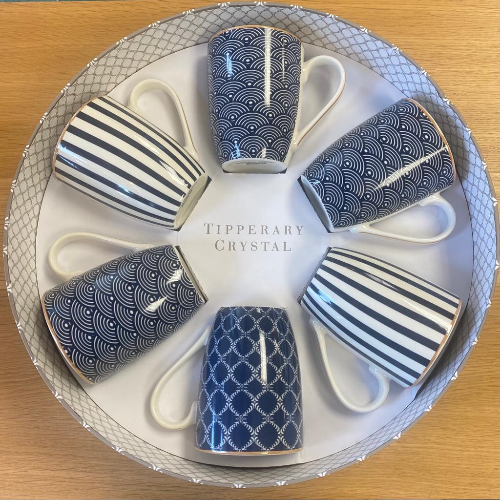 Tipperary Crystal Blue Stripe, Net & Rainbow Mugs Hat Box with Bow