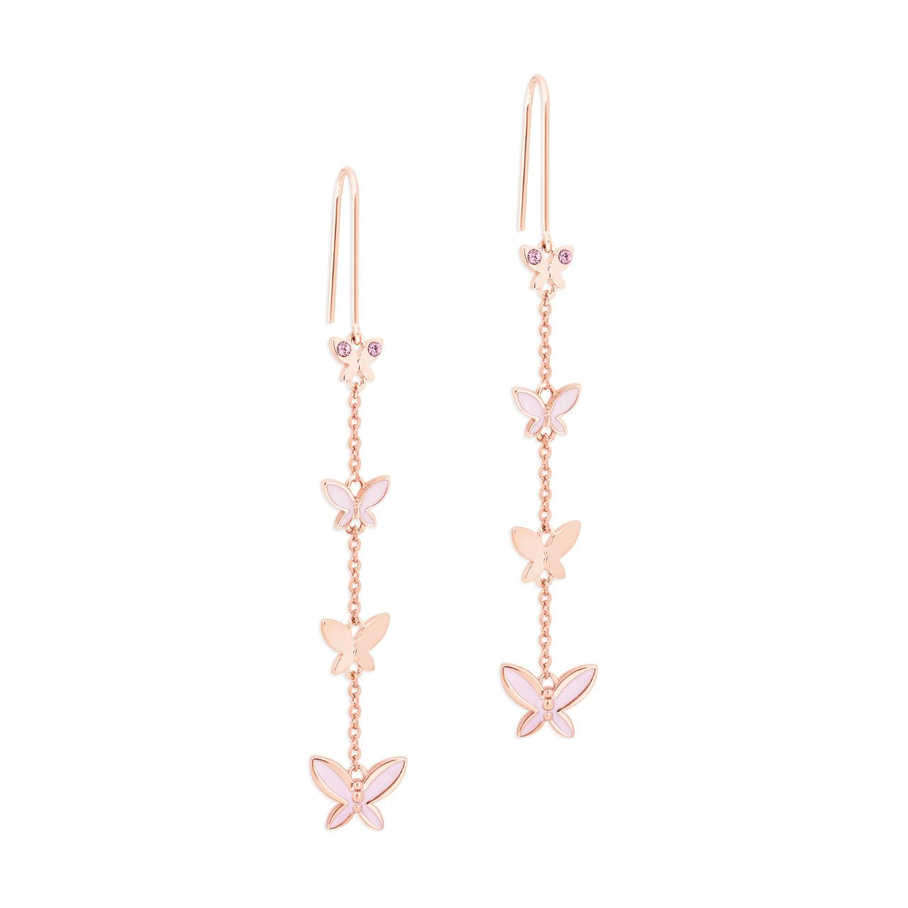 Tipperary Crystal Butterfly Chain Drop Earrings Four butterflies hanging on the cable chain. Crafted in sleek polished rose gold with pearlescent pink enamel infill and light pink sparkly CZs. They hang comfortably on a French hook.