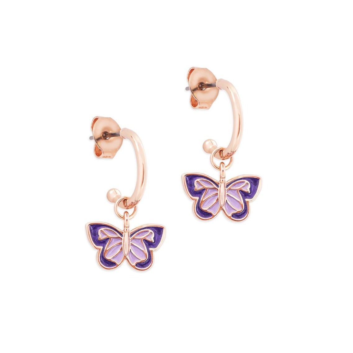 Tipperary Crystal Butterfly Loop Bar Earrings Crafted in sleek polished rose gold with pearlescent dark purple & lilac enamel infill. These earrings secure comfortably with push backs.
