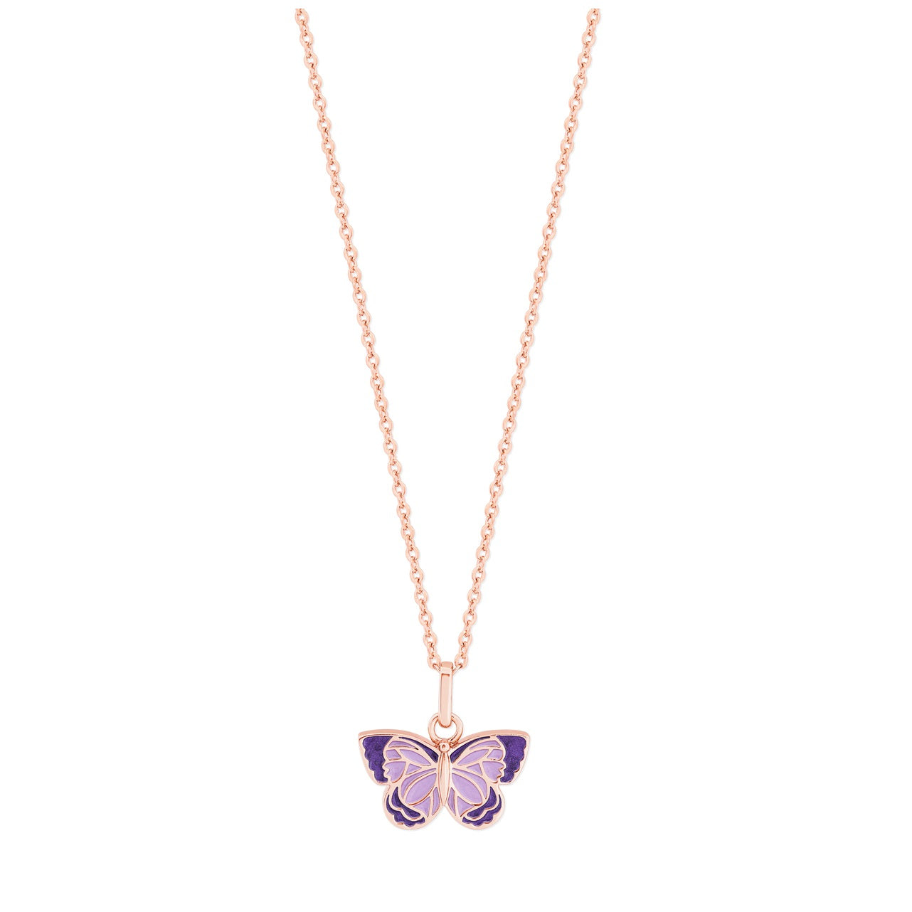 Tipperary Crystal Butterfly Purple & Rose Gold Pendant This exquisite piece consists of a polished rose gold butterfly filled with dark purple and lilac pearlescent enamel, it suspends from a shimmering rose gold 45cm cable chain with adjustable slider to get the perfect fit.