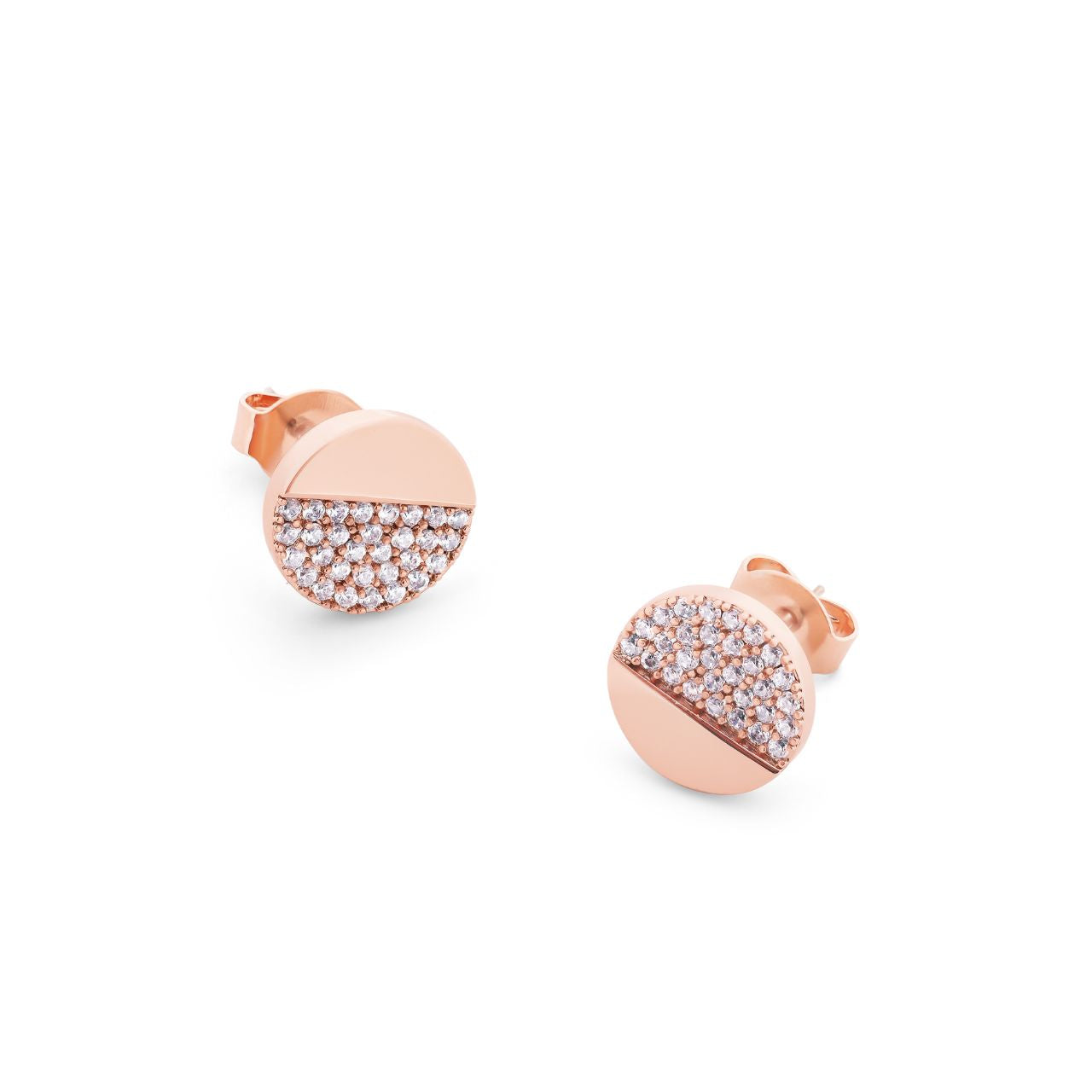 Circle Pave Rose Gold Half Pave Stud Earrings by Tipperary Crystal Adorned with sparkling crystals, Tipperary Crystal's elegant Circle Pave Rose Gold Stud Earrings will enhance any ensemble.