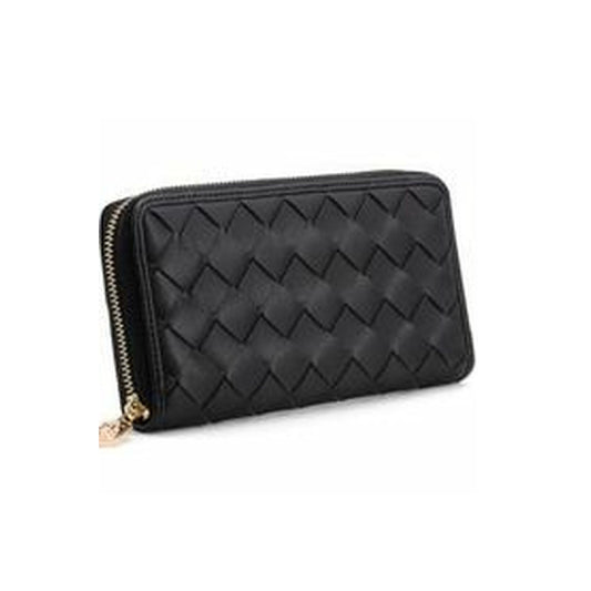 Tipperary Crystal Lyon Wave Purse  Wave Black Wallet (Rose Gold Hardware)  Designed in smooth leather look PU which is presented in a woven pattern, this chic accessory has plenty of room to store credit cards and cash.