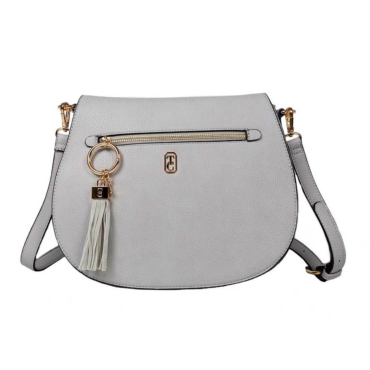 Tipperary Crystal Savoy Large Satchel Bag Grey (Yellow gold hardware) This stylish new addition to our bag collection is proving to be very popular, with an outside zip compartment the Savoy bag is stylish and functional. Metal hardware detail finish off this amazing bag in rose gold or yellow gold. The Savoy satchel style bag can be worn over the shoulder or as a cross body bag.