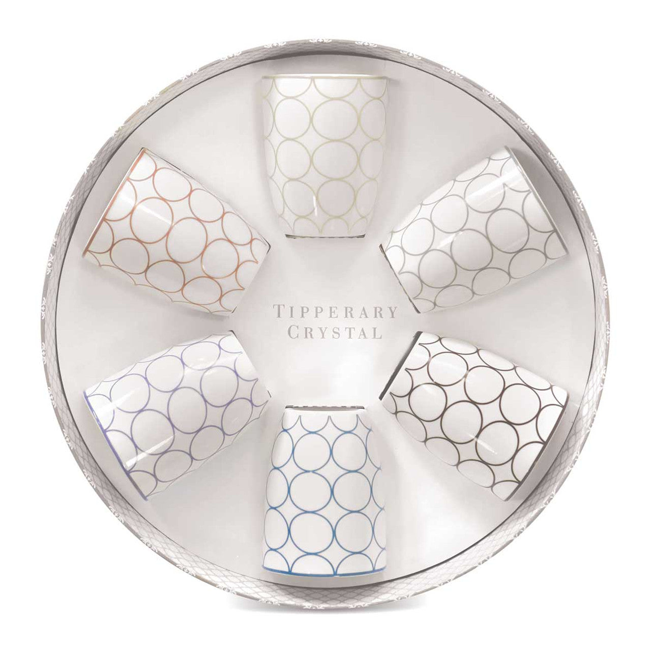 Tipperary Crystal Set Six Circle Mugs in Hatbox Tipperary Crystal ceramics are made from bone china which gives the ceramic a clean, white finish. Stack crockery separately from other items such as cutlery, saucepans or glass. Over washing will cause the glaze to dull and the design to fade.