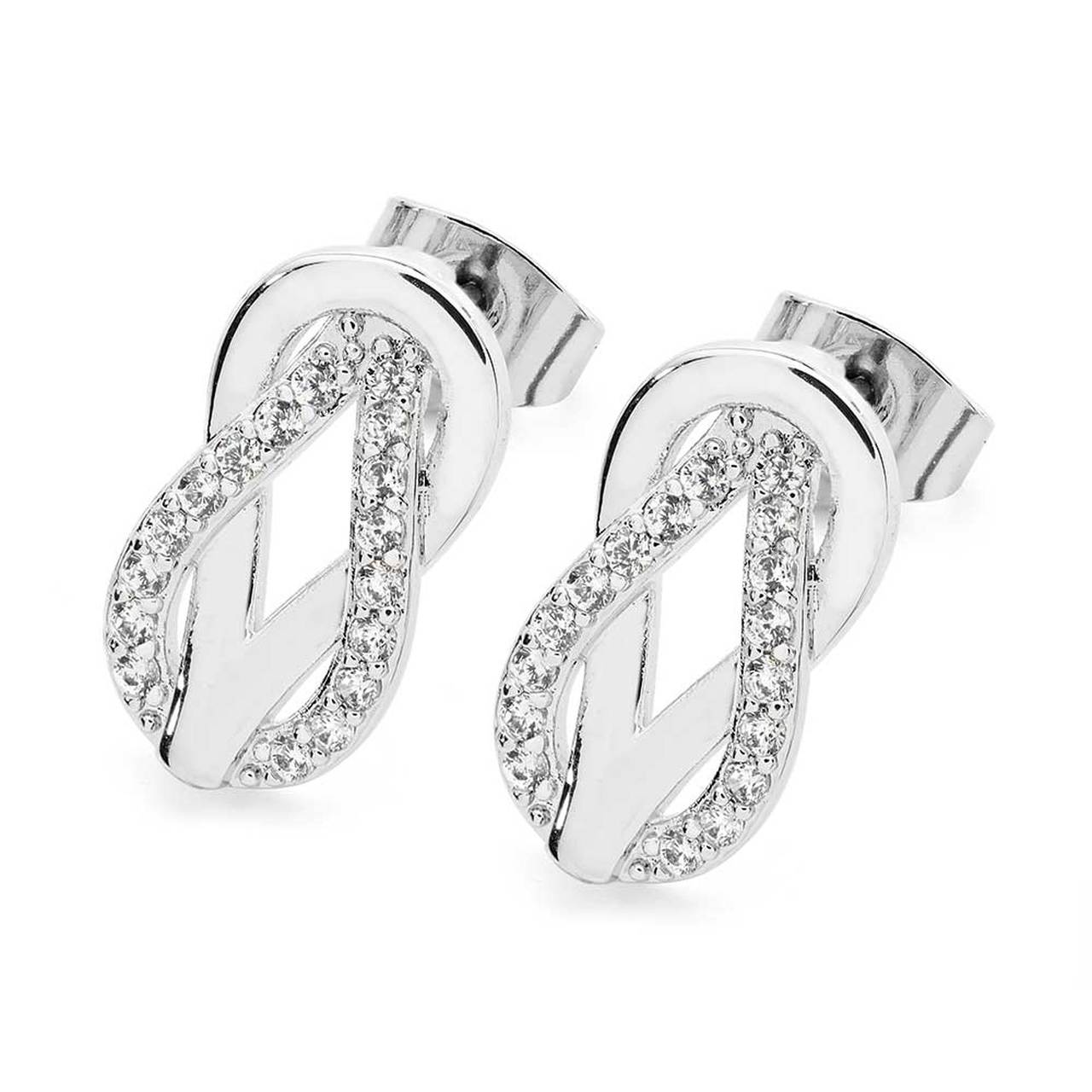 Tipperary Crystal Silver Double Swirl Earrings Expertly crafted in sleek silver, these infinity inspired earrings are a very dimensional look featuring two sleek linking tear-drop shaped elements. Two interlocking loops, one sleekly polished, and the other completely lined with clear crystal accents are joined harmoniously in an everlasting embrace. These unique eye catching post earrings captivate with their sparkle and brightly polished shine. They secure comfortably with push backs.