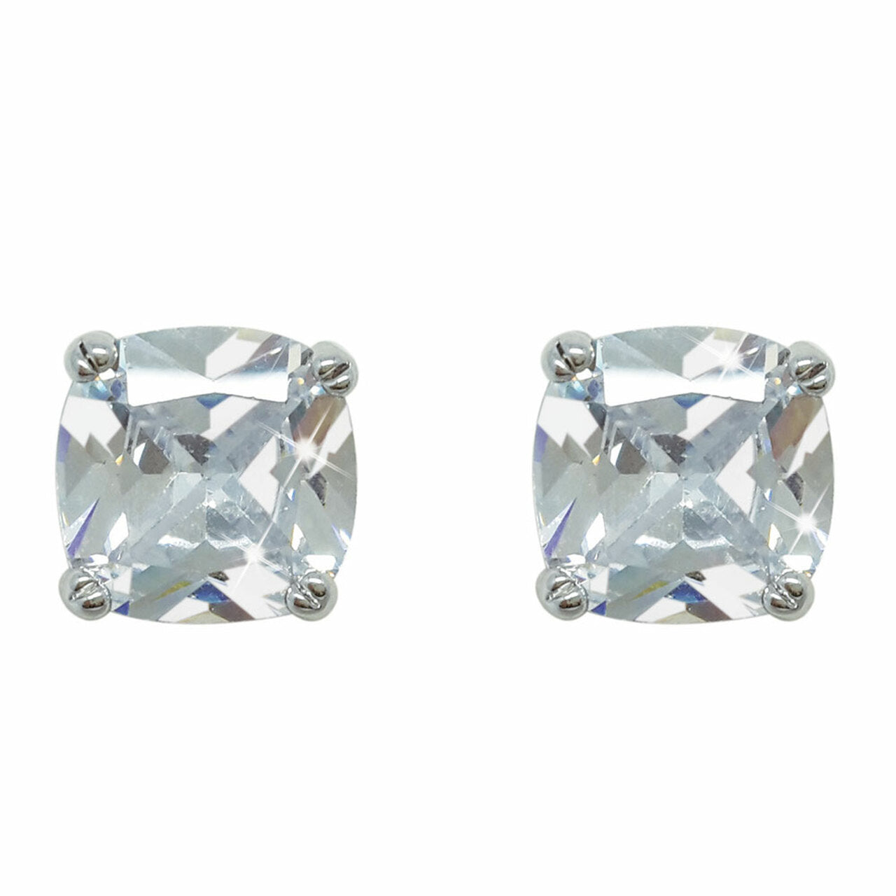 Silver Square Earrings With Clear Stone by Tipperary Fashionable, contemporary and regal, these princess-cut solitaire studs have spectacular brilliance. Fashioned in cool silver, the sparkling solitaires glisten in their sleek four prong setting. A stunning accessory, these luminous clear crystal post earrings will add sparkle to any look. Polished to a bright lustre they secure safely and comfortably with push backs.