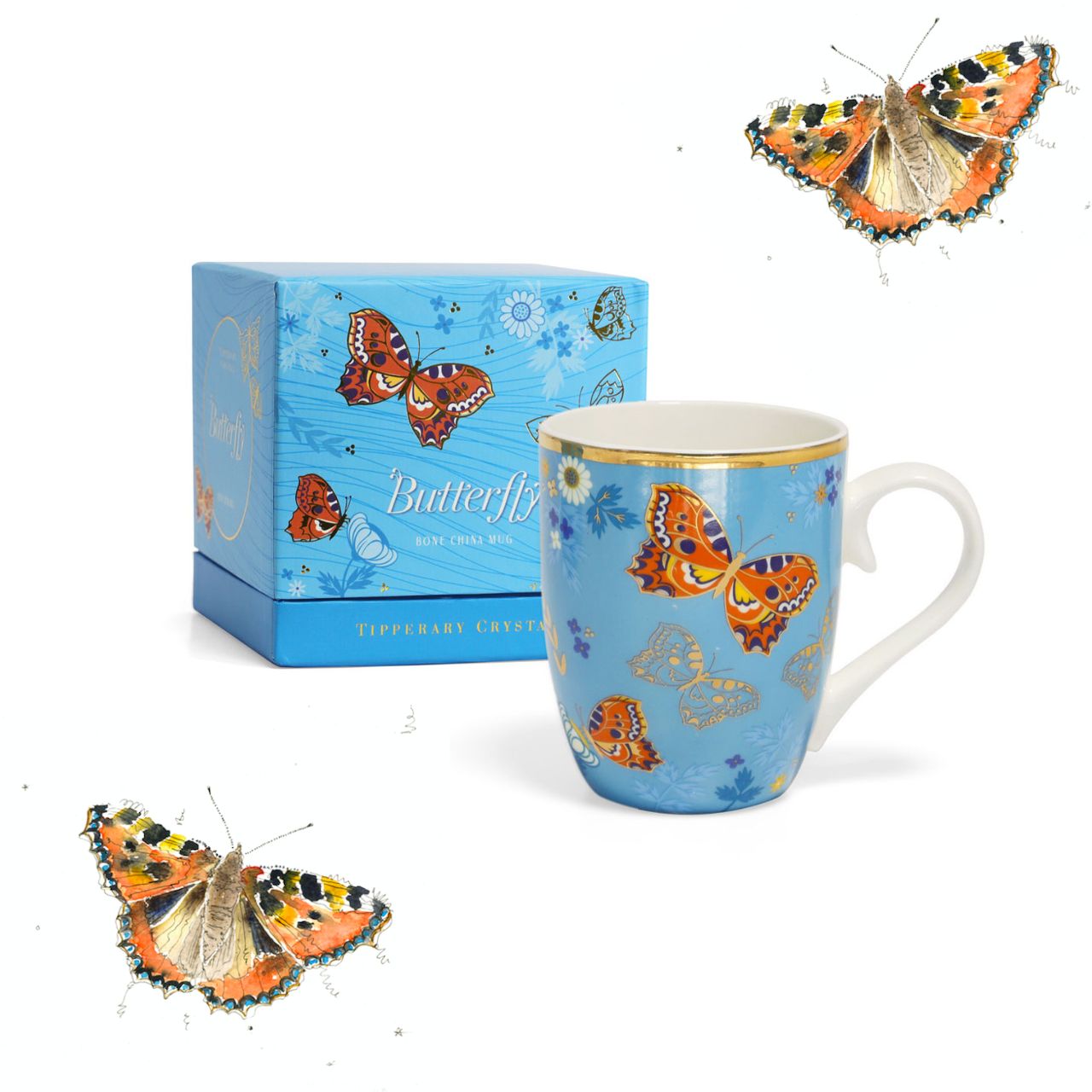 Tipperary Crystal Single Butterfly Mug - The Small Tortoiseshell  Drawing inspiration from urban garden, the Tipperary Crystal Butterfly collection transforms an icon into something modern and unexpected. Playful and elegant, this collection draws from the inherent beauty of the butterfly.