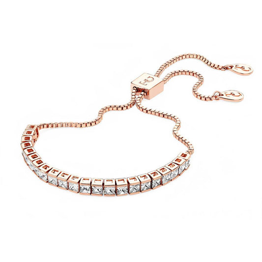 Tipperary Crystal Square Tennis Bracelet Rose Gold  Twenty-two square claw set Crystals adorn this stunning bracelet. This bracelet comes in Silver and Rose Gold. It secures with a bolo clasp which slides up and down the box chain and features two TC Fobs to ﬁnish.