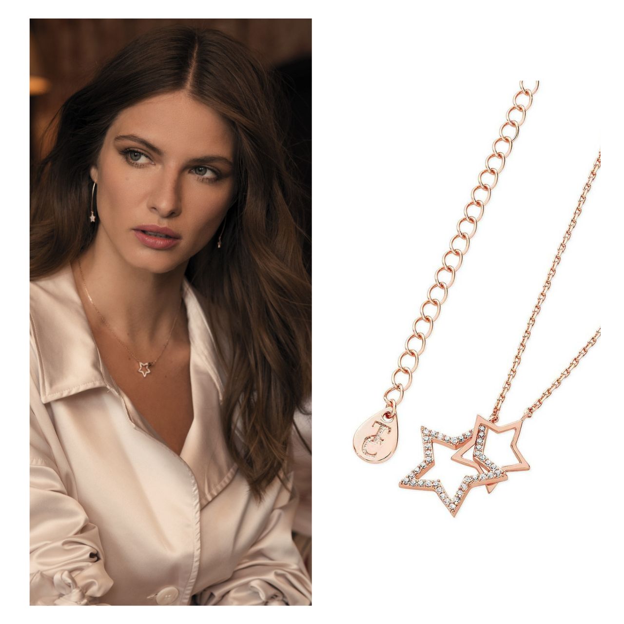 Tipperary Crystal Star Interlocking Pendant Rose Gold Guaranteed to be a staple piece for years these on-trend interlocking stars comes in rose gold A larger crystal encrusted star is interlocke with a lustrous polished gold star. This pendant suspends from a cable chain which secures safely with a lobster claw clasp.