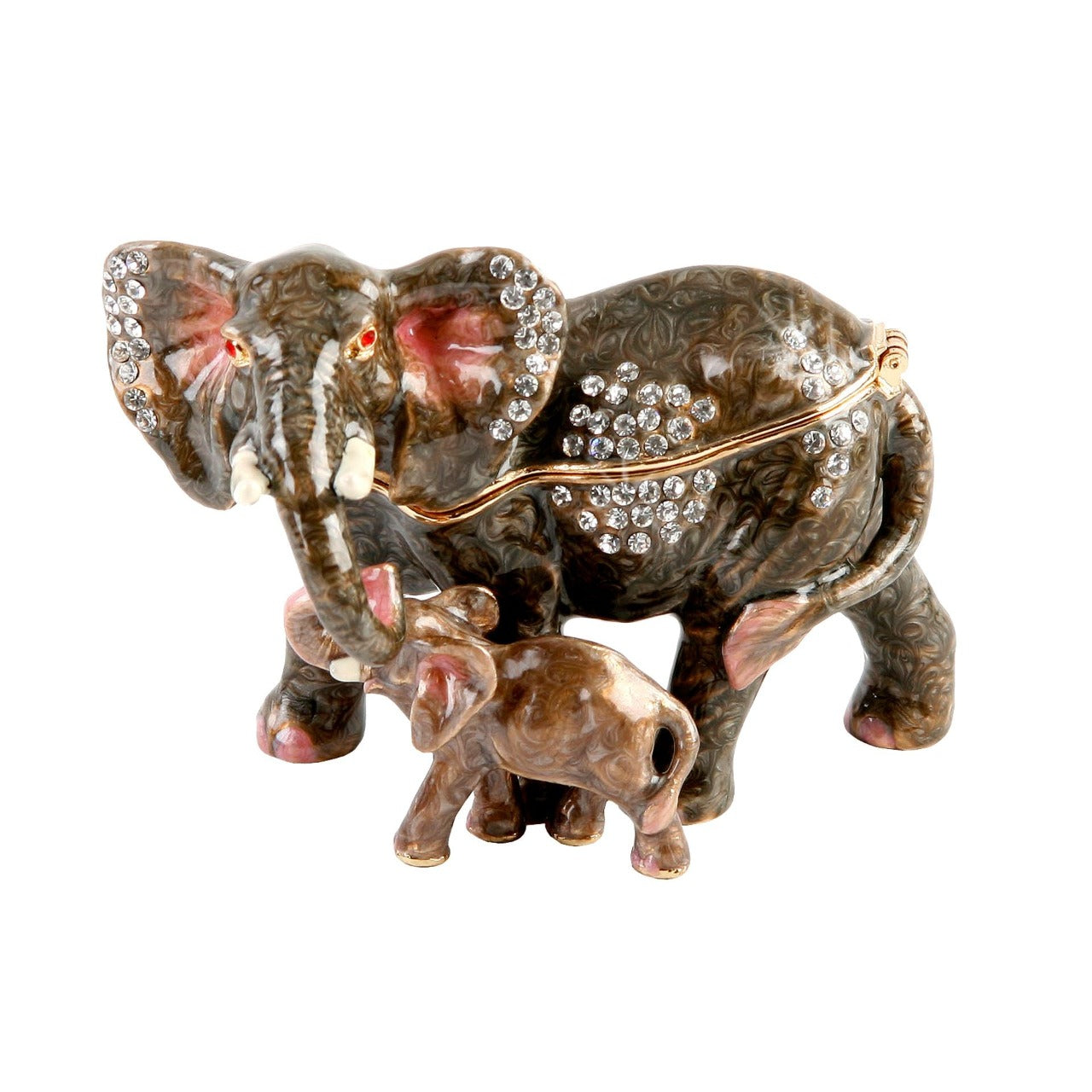 Treasured Trinkets - Elephant and Calf A beautiful, hand painted and crystal finished elephant trinket box from Treasured Trinkets. Decorated with crystal patterns, this colourful trinket box is a wonderful ornament to complement a mantelpiece, bookcase or cabinet.