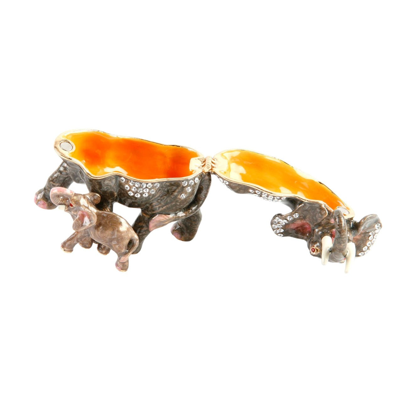 Treasured Trinkets - Elephant and Calf A beautiful, hand painted and crystal finished elephant trinket box from Treasured Trinkets. Decorated with crystal patterns, this colourful trinket box is a wonderful ornament to complement a mantelpiece, bookcase or cabinet.