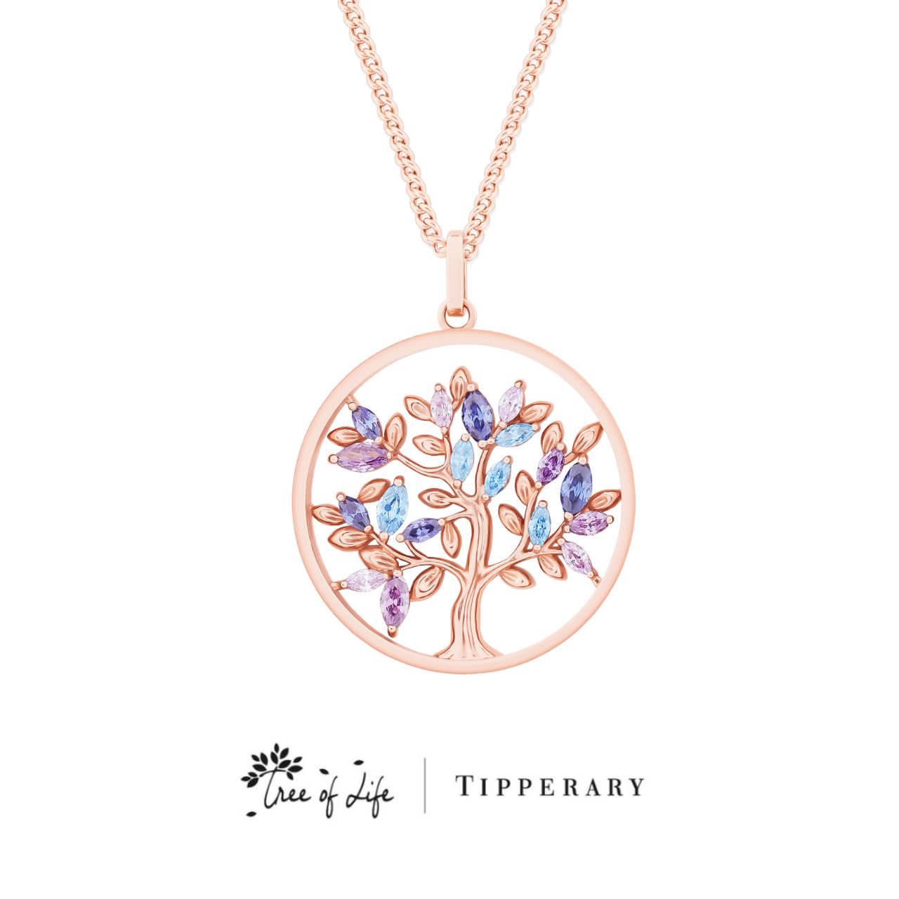 Tipperary Crystal Tree of Life Circle Blue Marquise CZ Rose Gold Pendant The tree of life is a symbol of a fresh start on life, positive energy, good health and a bright future. The symbolism of the Tree of Life is ultimately about the forces of nature combining to create balance and harmony. The branches reach for the sky, the roots reach down into the ground.