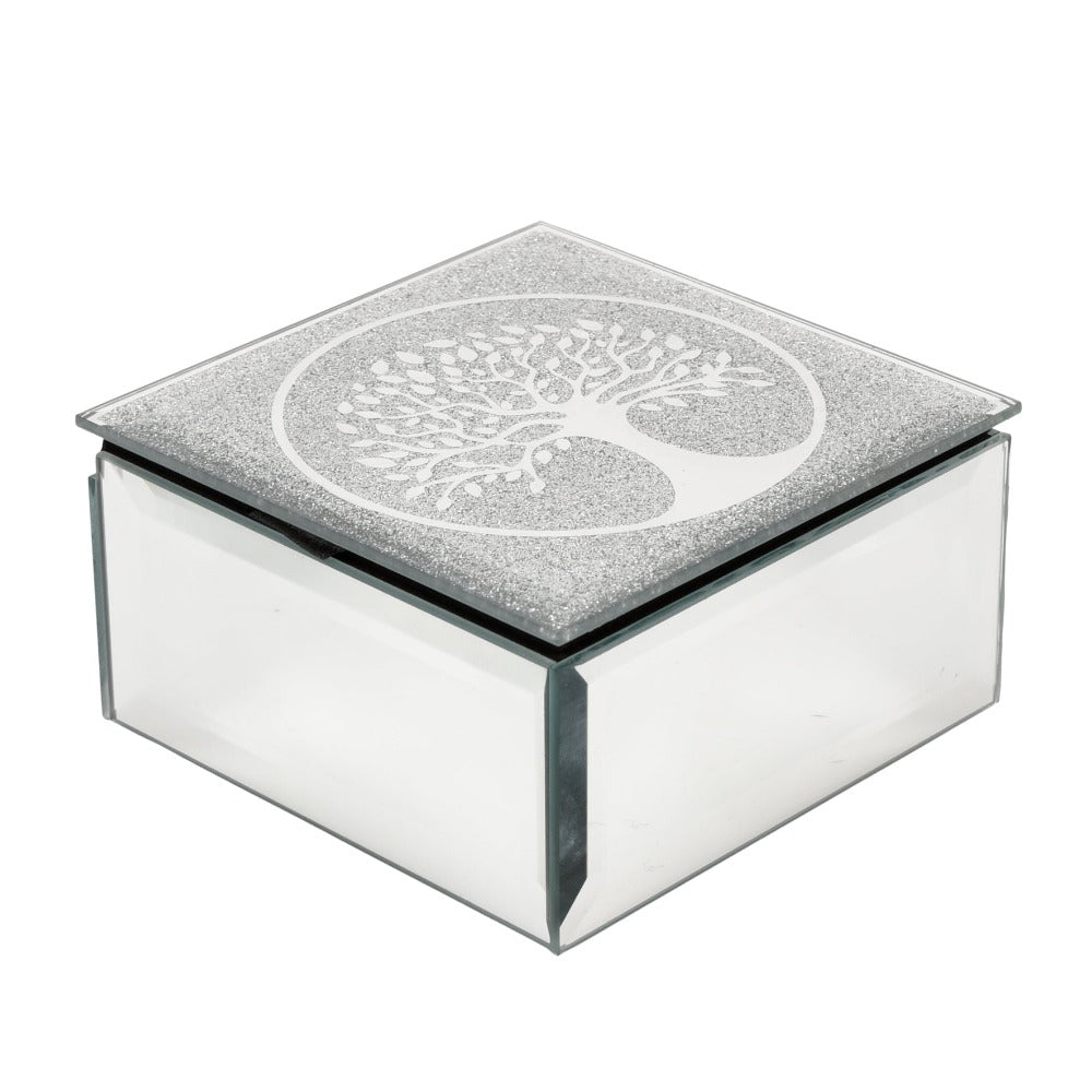 Hestia Tree of Life Trinket Box  With its sparkling design, this tree of life trinket box is the perfect gift for a lover of glitz and glam.  With a beautiful black lining and mirrored features, this storage item is sure to bring a touch of luxury into the home.