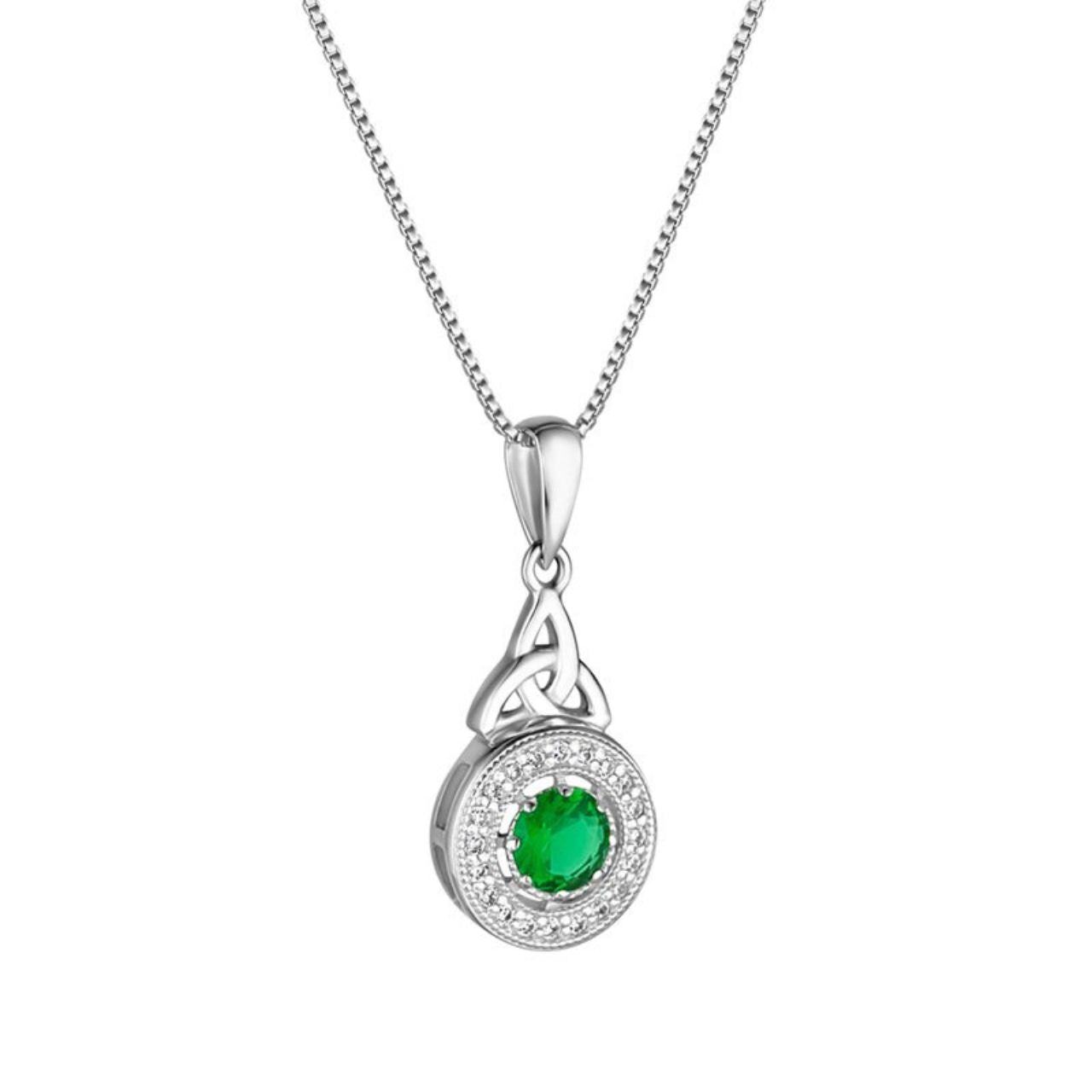 Sterling Silver Cluster Green CZ Trinity Knot Necklace Crafted in sterling silver, this pendant features a Trinity Knot which contains an eye catching green cubic zirconia stone surrounded by a cluster of cubic zirconia. This sparkly Trinity Knot necklace tells the tale of enduring love and is the perfect way to wear your heritage.
