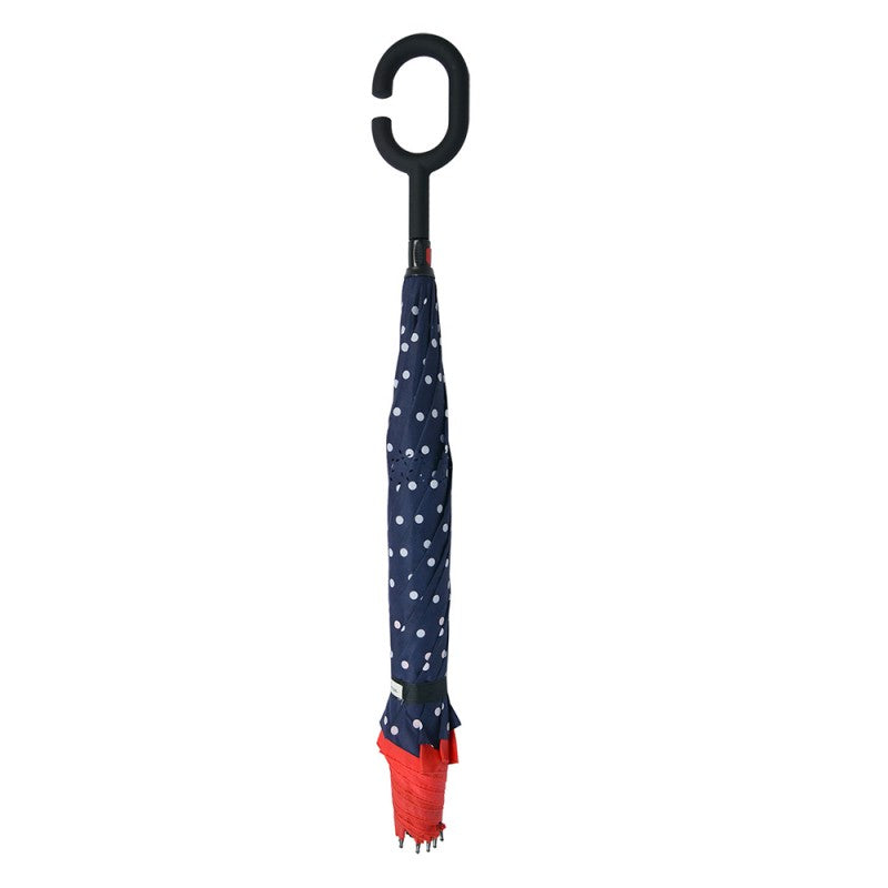 Clayre & Eef Umbrella Blue Polka Dot with Hanging Hook Umbrella Adults Ø 60 cm Blue Polyester Polka Dot with Hanging Hook
