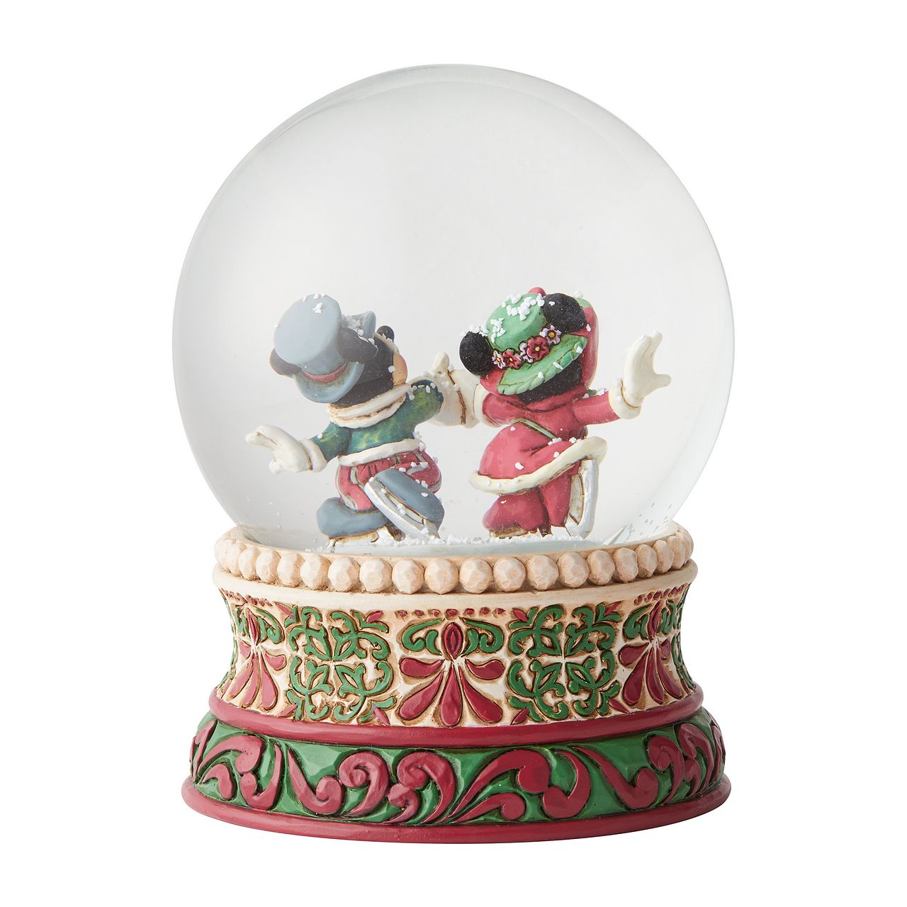 Jim Shore Splendid Skaters - Victorian Mickey and Minnie Mouse Waterball Mickey and Minnie Mouse are filled with Christmas spirit as they ice skate in this victorian inspired waterball. Unique variations should be expected as this product is hand painted.